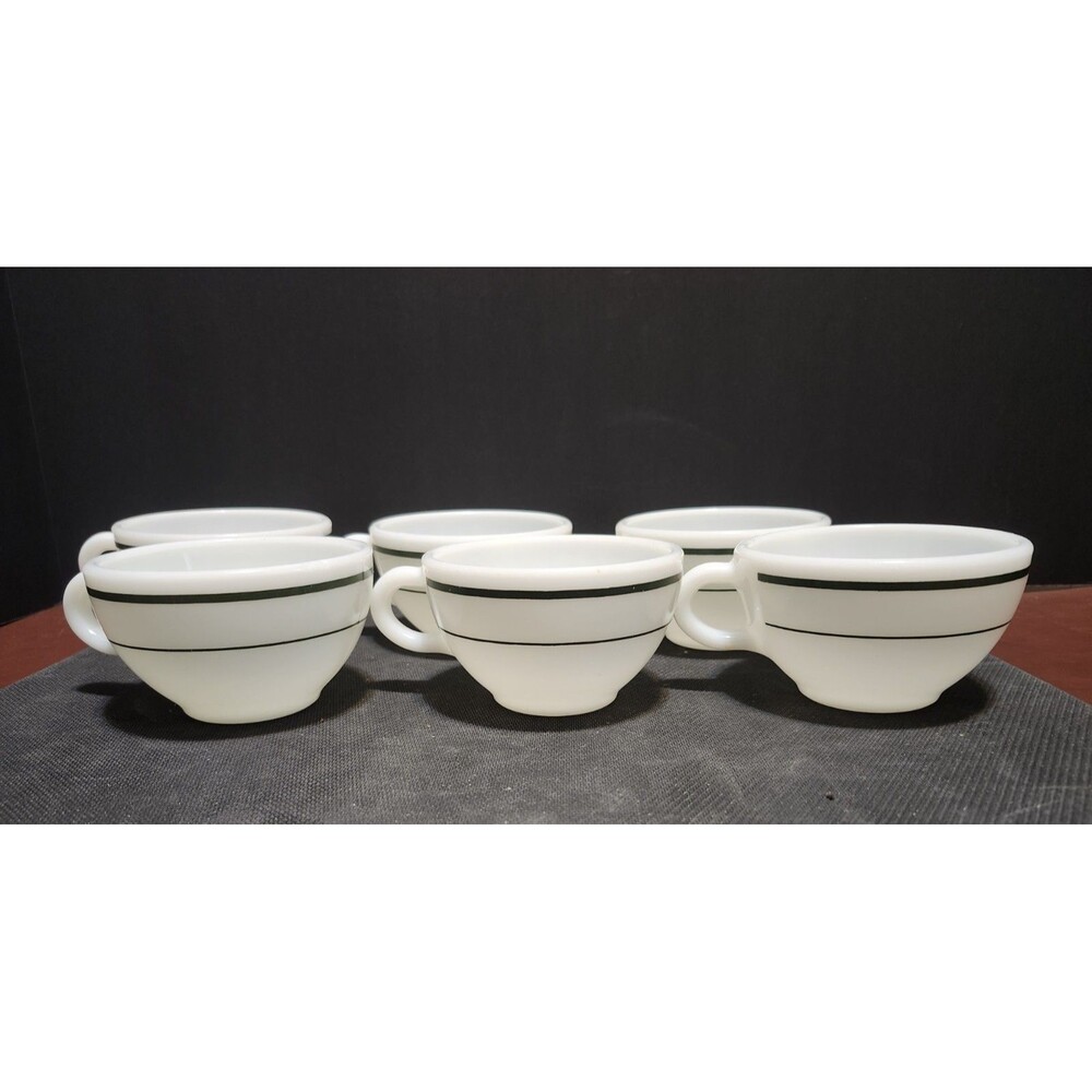 PYREX Milk Glass Cups White Black Bands Six-Piece Set Tableware